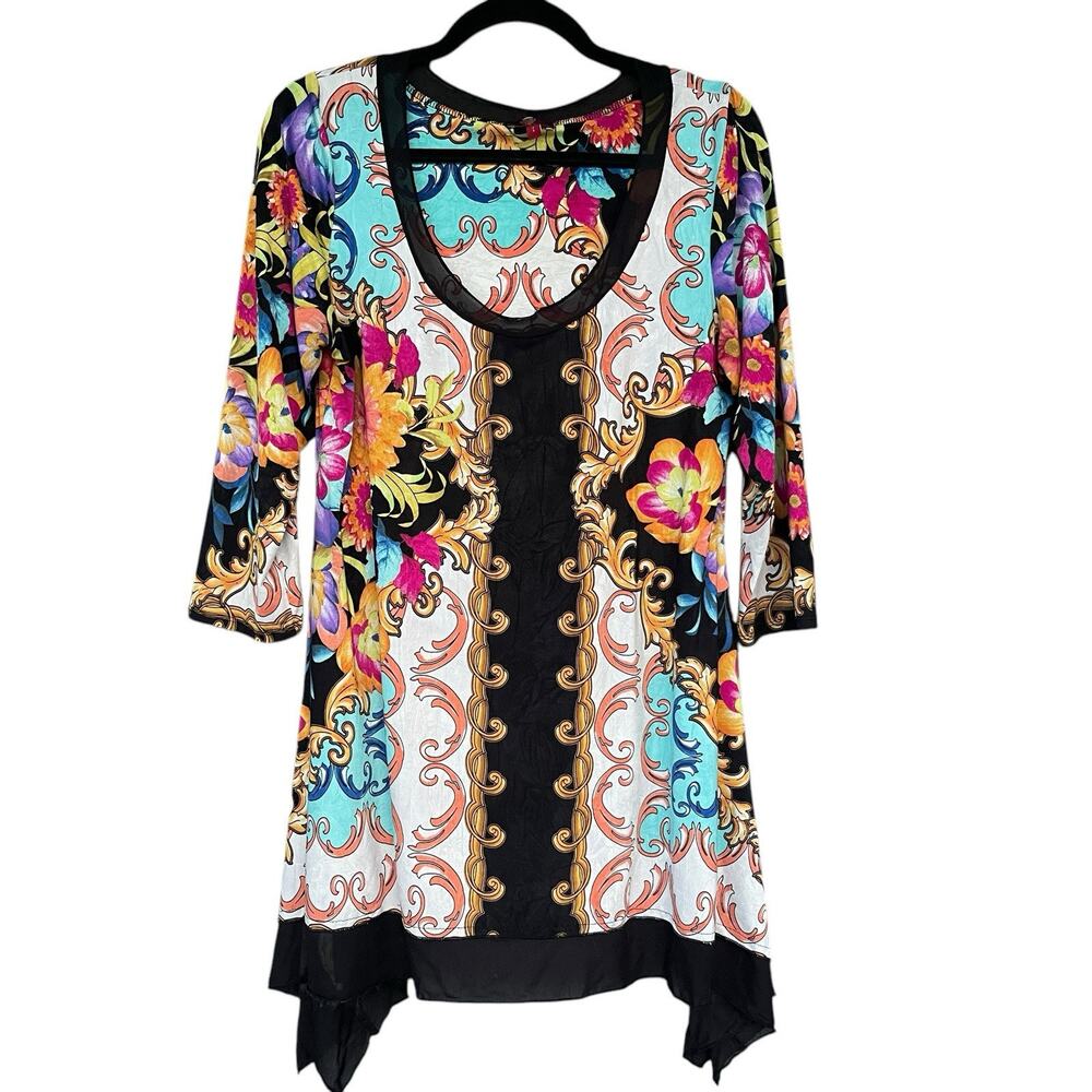 From the Heart Womens Blouse Large Trudy Colorful Floral Stretch Asymmetrical
